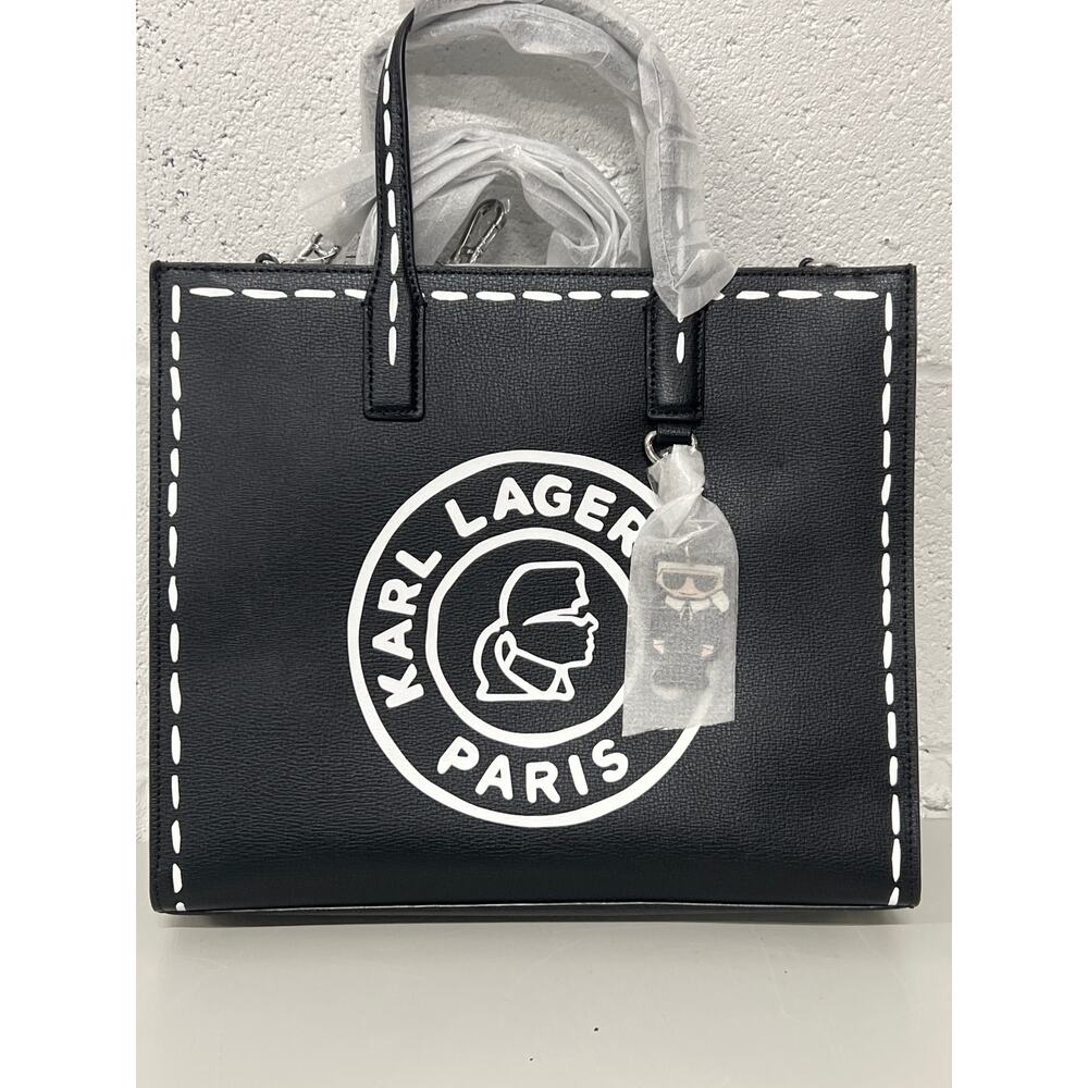 NWT Karl Lagerfeld Paris Nouveau Black White Graphic Logo Small Tote Bag Purse - Picture 4 of 8
